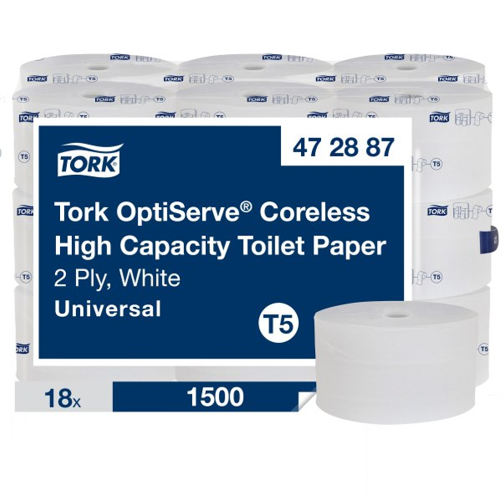 Tork T5 White OptiServe® High Capacity Coreless Toilet Paper (3.7 in. x 500 ft., 1500 Sheets/Roll, 18 Rolls/Case)